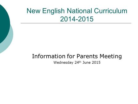 New English National Curriculum 2014-2015 Information for Parents Meeting Wednesday 24 th June 2015.