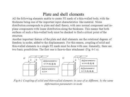 Plate and shell elements All the following elements enable to create FE mesh of a thin-walled body, with the thickness being one of the important input.