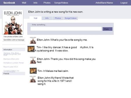 Facebook Elton John is writing a new song for his new son. WallInfoPhotosSongs/VideosArtist/Band NameLogout View photos of Elton John Send Elton John a.