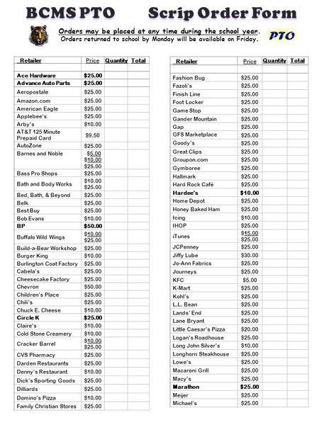 Orders may be placed at any time during the school year. Orders returned to school by Monday will be available on Friday. RetailerPriceQuantityTotal Ace.