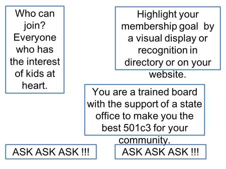 Who can join? Everyone who has the interest of kids at heart. Highlight your membership goal by a visual display or recognition in directory or on your.