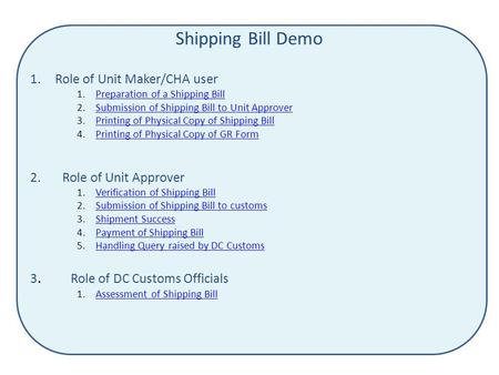 Shipping Bill Demo 1.Role of Unit Maker/CHA user 1.Preparation of a Shipping BillPreparation of a Shipping Bill 2.Submission of Shipping Bill to Unit ApproverSubmission.