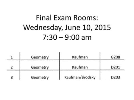 Final Exam Rooms: Wednesday, June 10, 2015 7:30 – 9:00 am.