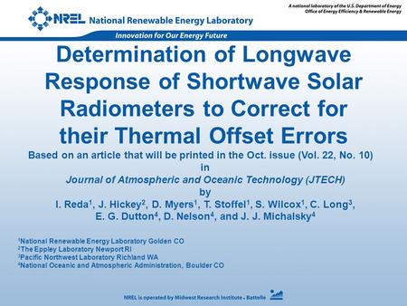 Determination of Longwave Response of Shortwave Solar Radiometers to Correct for their Thermal Offset Errors 1 National Renewable Energy Laboratory Golden.