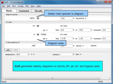 Act2 generates stability diagrams on activity, Eh, pe, pH, and fugacity axes. Select main species to diagram. Diagram axes.