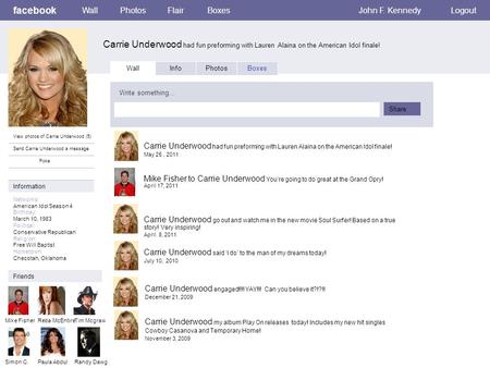 Facebook Carrie Underwood had fun preforming with Lauren Alaina on the American Idol finale! WallPhotosFlairBoxesJohn F. KennedyLogout View photos of Carrie.