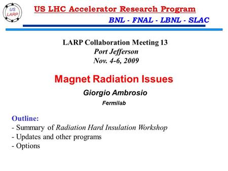 BNL - FNAL - LBNL - SLAC Magnet Radiation Issues Giorgio Ambrosio Fermilab Outline: - Summary of Radiation Hard Insulation Workshop - Updates and other.