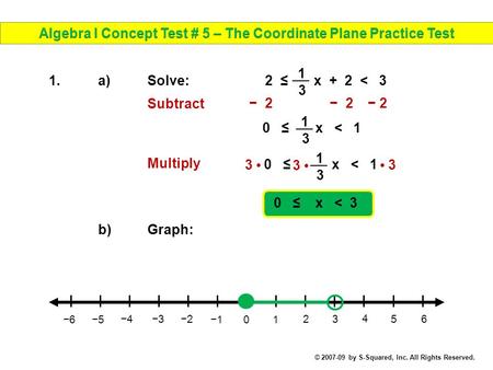 1 2 3 4 5 6 −6 −5 −4 −3 −2 −1 0 0 ≤ x < 1 1.a)Solve: 2 ≤ x + 2 < 3 0 ≤ x < 3 − 2 3 1 3 0 ≤ x < 1 1 3 1 3 3 3 Subtract Multiply b)Graph: © 2007-09 by S-Squared,