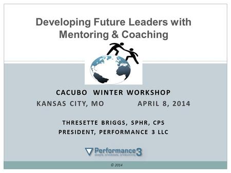 CACUBO WINTER WORKSHOP KANSAS CITY, MO APRIL 8, 2014 THRESETTE BRIGGS, SPHR, CPS PRESIDENT, PERFORMANCE 3 LLC Developing Future Leaders with Mentoring.