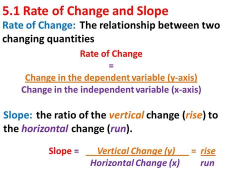 5.1 Rate of Change and Slope Rate of Change: The relationship between two changing quantities Slope: the ratio of the vertical change (rise) to the horizontal.