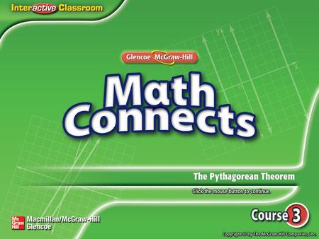 Lesson Menu Main Idea and New Vocabulary Key Concept:Pythagorean Theorem Example 1:Find a Missing Length Example 2:Find a Missing Length Key Concept:Converse.