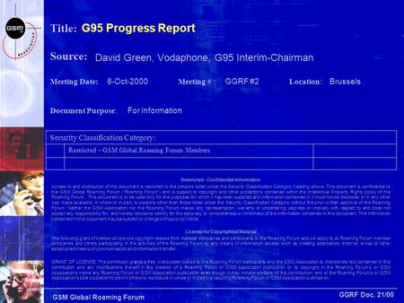 GGRF Doc. 21/00 1 GSM Global Roaming Forum Title: Source: Meeting Date: 6-Oct-2000 Meeting # : GGRF #2 Location: Brussels Document Purpose: For Information.