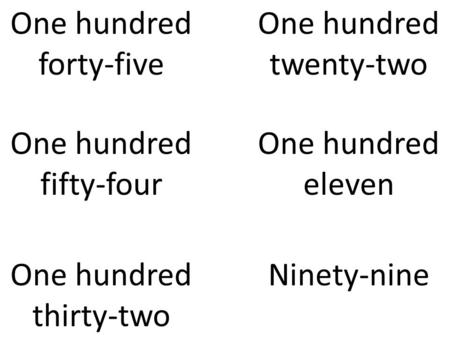 One hundred forty-five One hundred fifty-four One hundred thirty-two One hundred twenty-two One hundred eleven Ninety-nine.