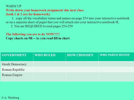 © A. Weinberg WARM UP Write down your homework assignment due next class (both 1 & 2 are for homework) 1. copy all the vocabulary terms and names on page.