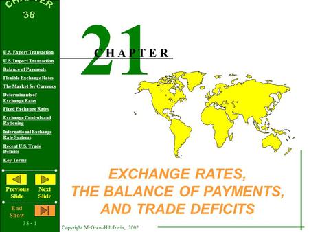 38 - 1 Copyright McGraw-Hill/Irwin, 2002 U.S. Export Transaction U.S. Import Transaction Balance of Payments Flexible Exchange Rates The Market for Currency.