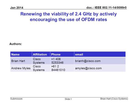 Doc.: IEEE 802.11-14/0099r0 Submission Jan 2014 Brian Hart (Cisco Systems) Slide 1 Renewing the viability of 2.4 GHz by actively encouraging the use of.