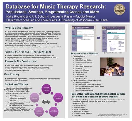 Original Plan for Music Therapy Website What is Music Therapy? Evolution of Website Katie Rydlund and A.J. Schuh  Lee Anna Rasar – Faculty Mentor Department.