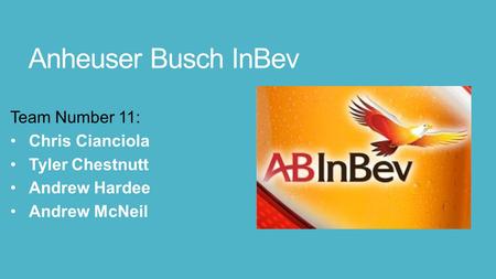 Anheuser Busch InBev Team Number 11: Chris Cianciola Tyler Chestnutt Andrew Hardee Andrew McNeil.