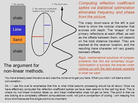 Shale Lime Sand The argument for non-linear methods. 1 The geology 2. The reflection coefficients (spikes in non-linear lingo). 3. The down wave 4. Its.