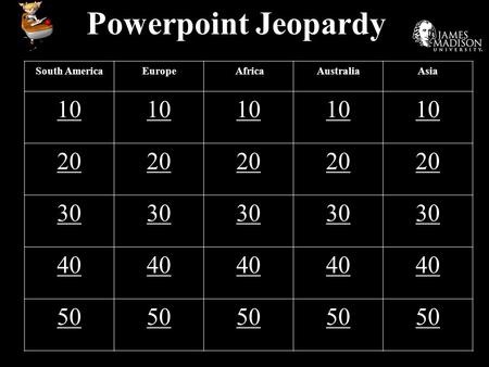 Powerpoint Jeopardy South AmericaEurope AfricaAustraliaAsia 10 20 30 40 50.