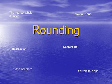 R ounding Nearest 10 Nearest 100 1 decimal place The nearest whole number Correct to 2 dps Nearest 1000.