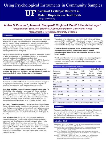 Amber S. Emanuel 1, James A. Shepperd 2, Virginia J. Dodd 1 & Henrietta Logan 1 1 Department of Behavioral Sciences & Community Dentistry, University of.