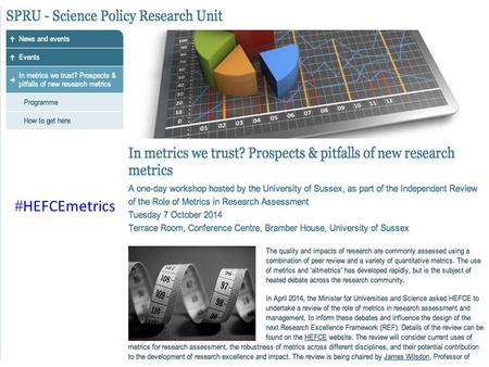  HEFCEmetrics. “I can announce today that I have asked HEFCE to undertake a review of the role of metrics in research assessment and management. The.