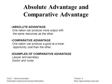 Unit 1 : MicroeconomicsVisual 1.4 National Council on Economic Educationhttp://apeconomics.ncee.net Absolute Advantage and Comparative Advantage ABSOLUTE.