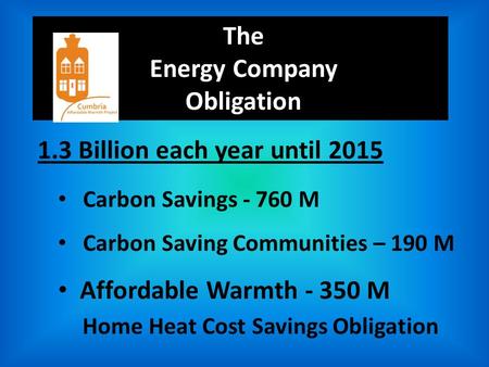 The Energy Company Obligation 1.3 Billion each year until 2015 Carbon Savings - 760 M Carbon Saving Communities – 190 M Affordable Warmth - 350 M Home.