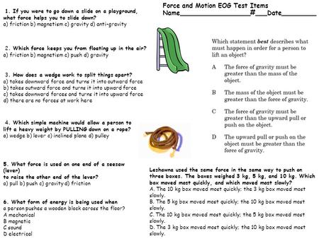 Force and Motion EOG Test Items