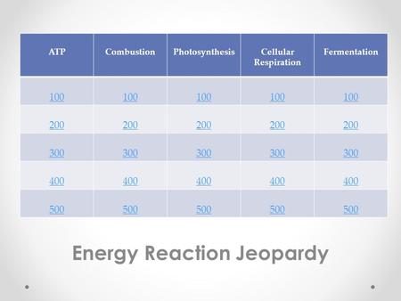 Energy Reaction Jeopardy ATPCombustionPhotosynthesisCellular Respiration Fermentation 100 200 300 400 500.