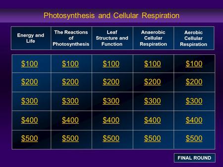 Photosynthesis and Cellular Respiration $100 $200 $300 $400 $500 $100$100$100 $200 $300 $400 $500 Energy and Life The Reactions of Photosynthesis Leaf.