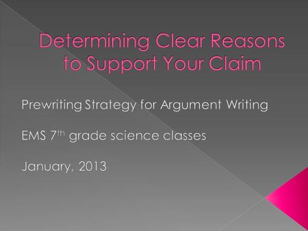  I can determine three clear reasons to support my claim. W.7.1  I can present my claim and reasons orally using appropriate eye contact, adequate volume,