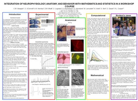 INTEGRATION OF NEUROPHYSIOLOGY, ANATOMY, AND BEHAVIOR WITH MATHEMATICS AND STATISTICS IN A WORKSHOP COURSE C.M. Stoeppel 1, S. OConnell 4, A.K. Hensley.