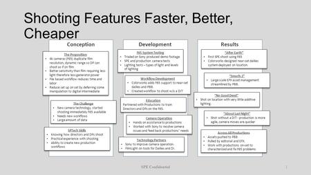 Shooting Features Faster, Better, Cheaper SPE Confidential1 ConceptionDevelopment Results SPTech Skills Knowing how directors and DPs shoot Practical experience.