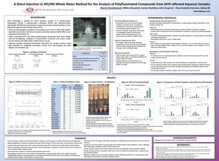 AXYS developed a method for direct injection analysis of 9 perfluoroalkyl carboxylates (PFCA), 3 perfluoroalkyl sulfonates (PFSA) and perfluorooctane sulfonamide.