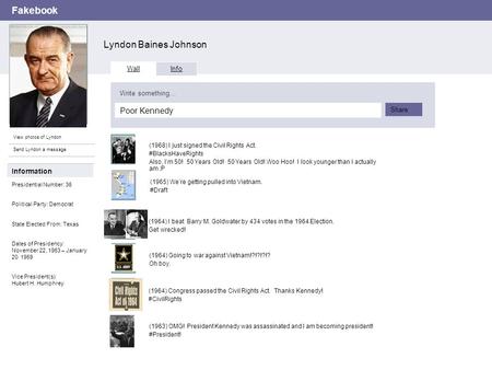 Fakebook Lyndon Baines Johnson View photos of Lyndon Send Lyndon a message Wall Info Poor Kennedy Write something… Share Information Presidential Number: