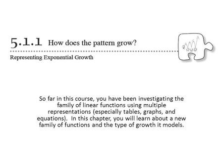 So far in this course, you have been investigating the family of linear functions using multiple representations (especially tables, graphs, and equations). 