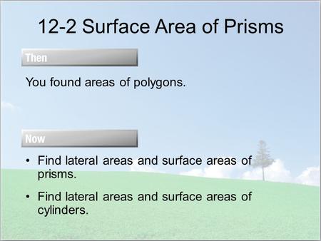 12-2 Surface Area of Prisms You found areas of polygons. Find lateral areas and surface areas of prisms. Find lateral areas and surface areas of cylinders.