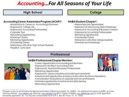 Accounting…For All Seasons of Your Life High School College Professional Accounting Career Awareness Program (ACAP)*: Introduction to Careers in Accounting.