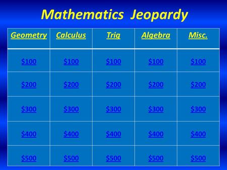 GeometryCalculusTrigAlgebraMisc. $100 $200 $300 $400 $500 Mathematics Jeopardy.