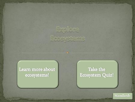 Standards. Ready for the Ecosystem Quiz? Location: Arctic Circle or North Pole. Climate: Very cold. Snow and ice all year. Landscape: Animals: Back to.