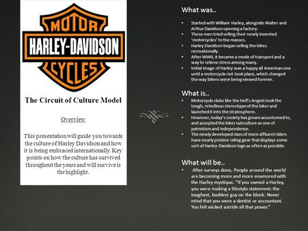 The Circuit of Culture Model Overview This presentation will guide you towards the culture of Harley Davidson and how it is being embraced internationally.