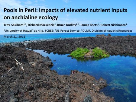 Pools in Peril: Impacts of elevated nutrient inputs on anchialine ecology Troy Sakihara 1,3, Richard Mackenzie 2, Bruce Dudley 1,2, James Beets 1, Robert.