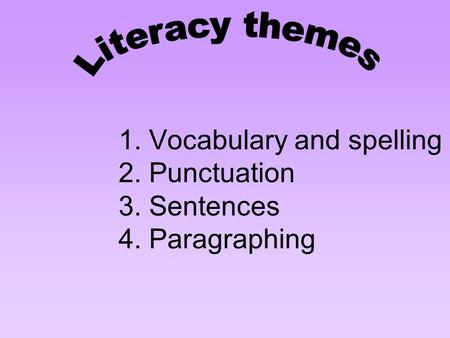 1. Vocabulary and spelling 2. Punctuation 3. Sentences 4. Paragraphing.