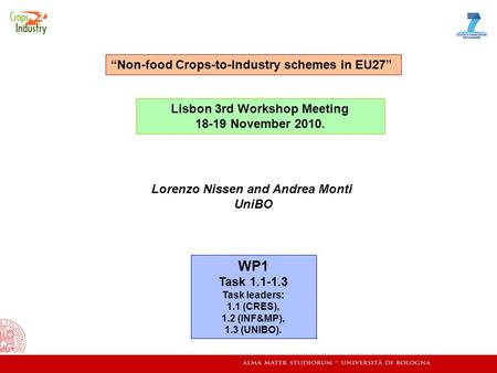 WP1 Task 1.1-1.3 Task leaders: 1.1 (CRES), 1.2 (INF&MP), 1.3 (UNIBO). Lisbon 3rd Workshop Meeting 18-19 November 2010. “Non-food Crops-to-Industry schemes.