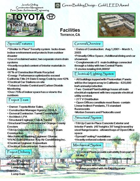 Green Building Design - Gold LEED Award TOYOTA Corporate Real Estate & Facilities Torrance, CA Project Team Owner: Toyota Motor Sales Construction Manager.