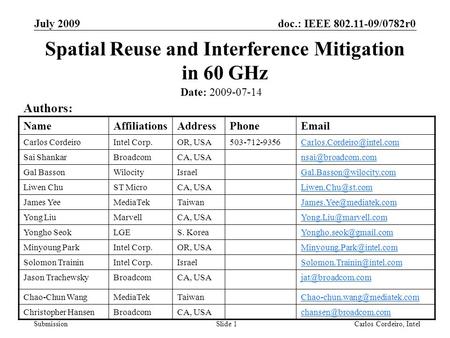 Doc.: IEEE 802.11-09/0782r0 Submission July 2009 Carlos Cordeiro, IntelSlide 1 Spatial Reuse and Interference Mitigation in 60 GHz Date: 2009-07-14 Authors: