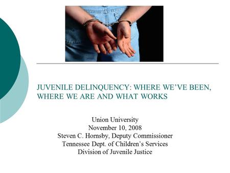 JUVENILE DELINQUENCY: WHERE WE’VE BEEN, WHERE WE ARE AND WHAT WORKS Union University November 10, 2008 Steven C. Hornsby, Deputy Commissioner Tennessee.