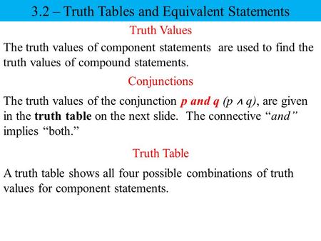 3.2 – Truth Tables and Equivalent Statements